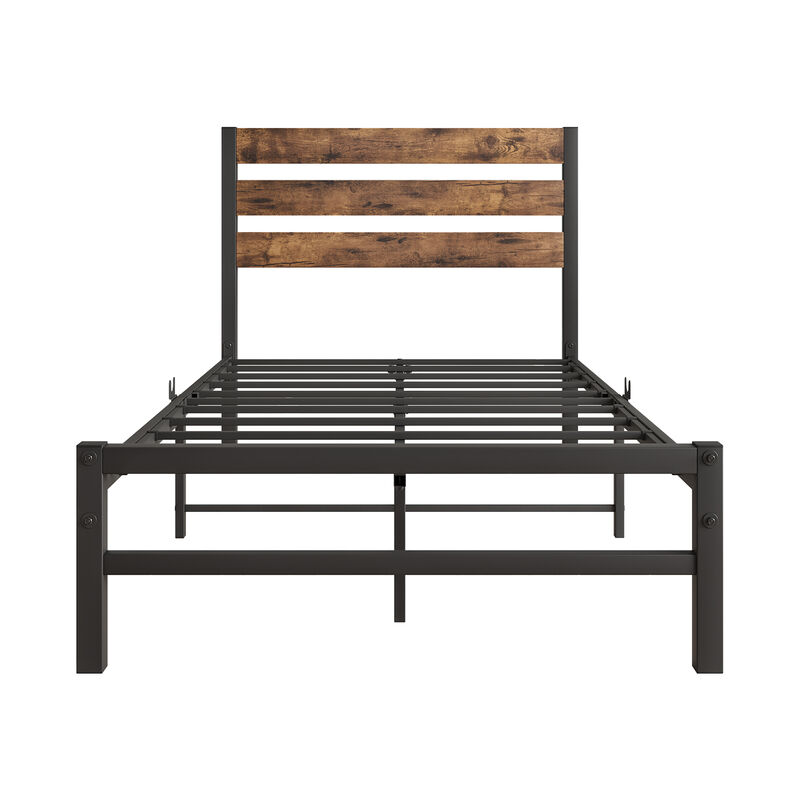 Hivvago Twin-Sized Platform Bedframe with Slats and Rustic Wooden Head Board