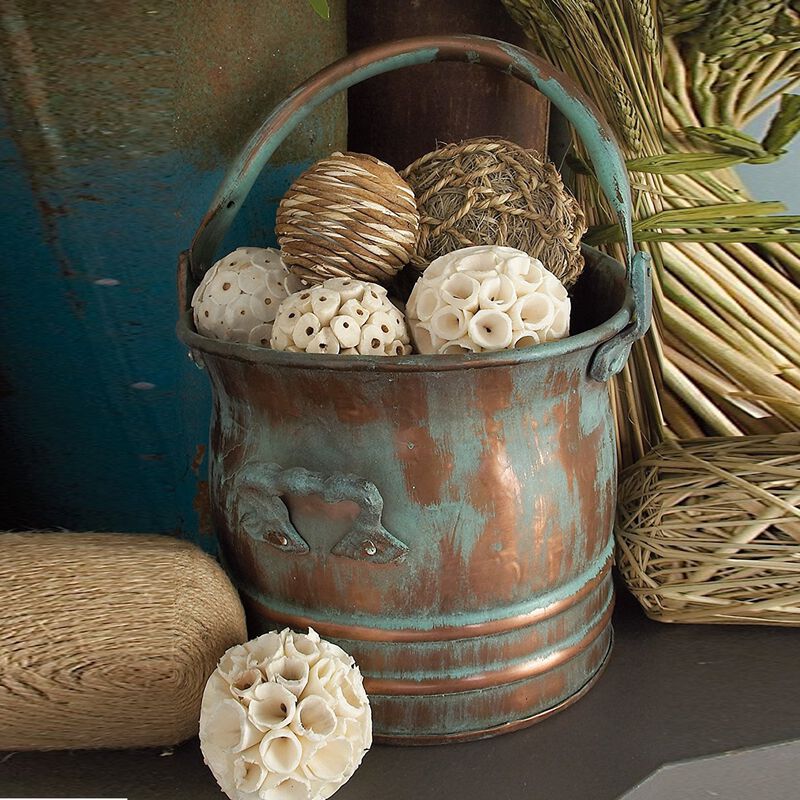 Tinged Metal Bucket Planter With Handles, Patina Rust Finish, Green, Set of 3-Benzara