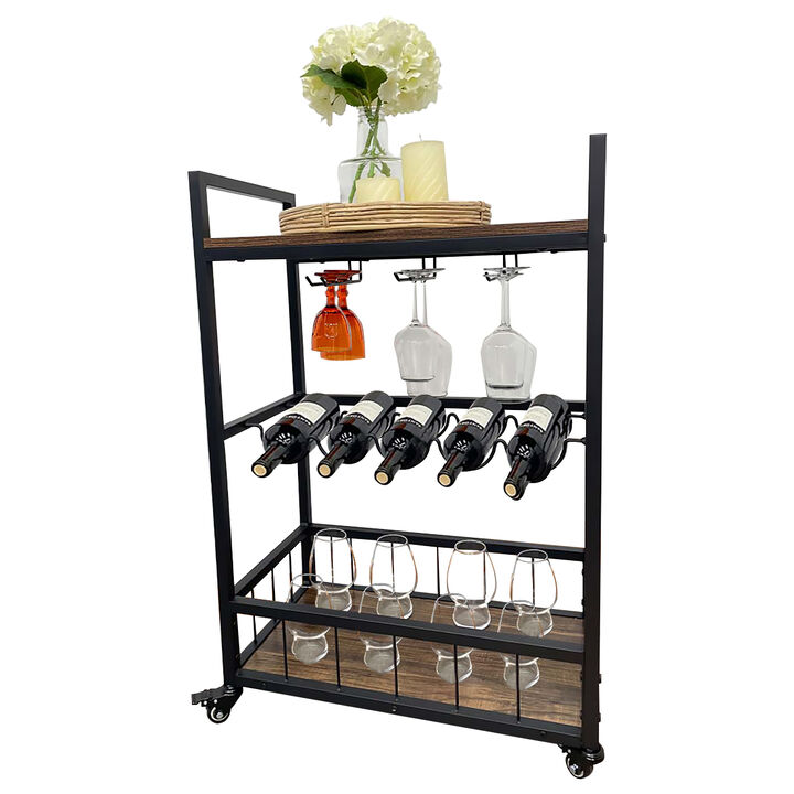 Home Bar Cart 3-Tier Rolling Trolley with Wheels for Serving & Beverage Storage