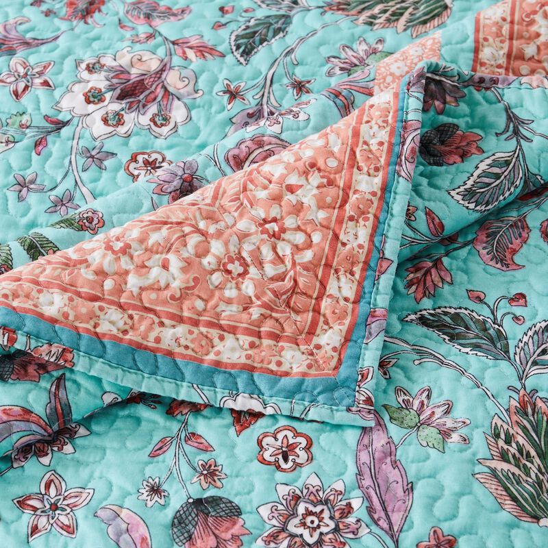3 Piece Full Queen Quilt Set with Floral Print, Blue and White - Benzara