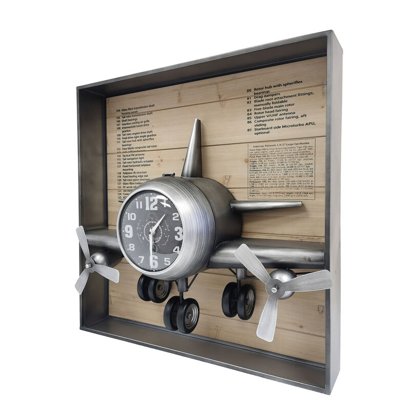 Metallic Vintage Airplane Wall Art with Clock, Set of 3