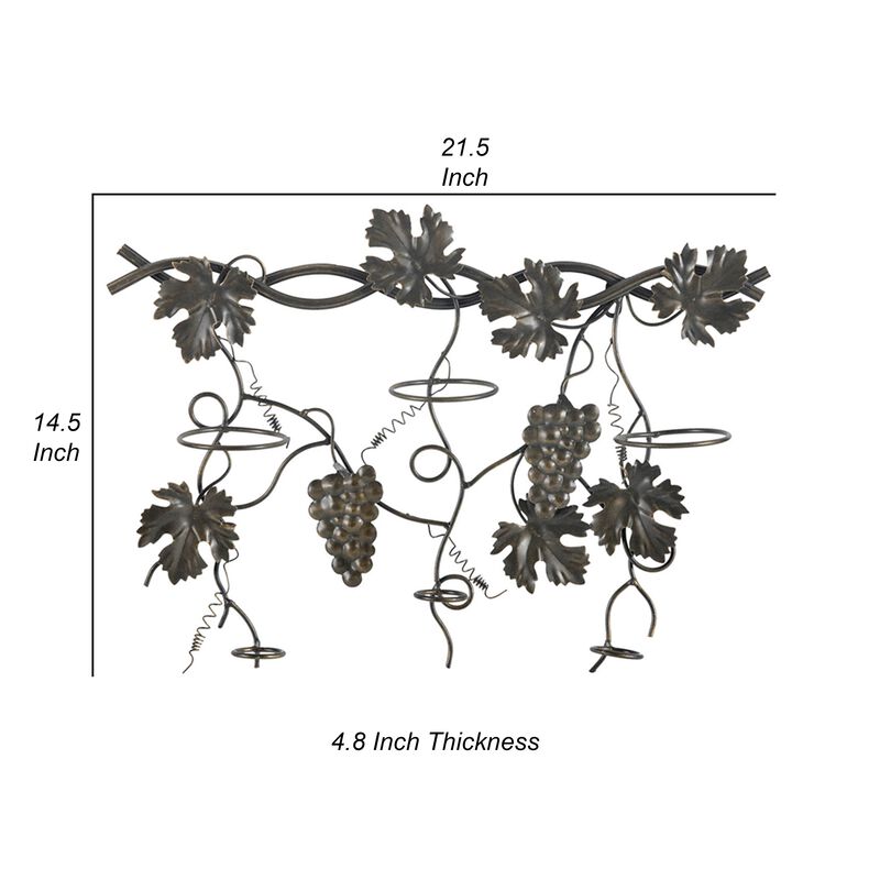 22 Inch Wall Hanging Wine Rack, Grape Bottle Stand, Black Metal - Benzara