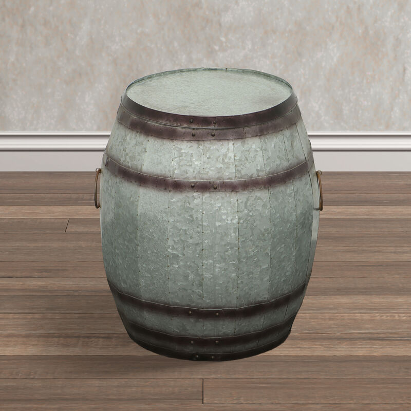 Drum Shape Metal Wine Storage Table with Removable Lid, Rustic Brown and Gray-Benzara