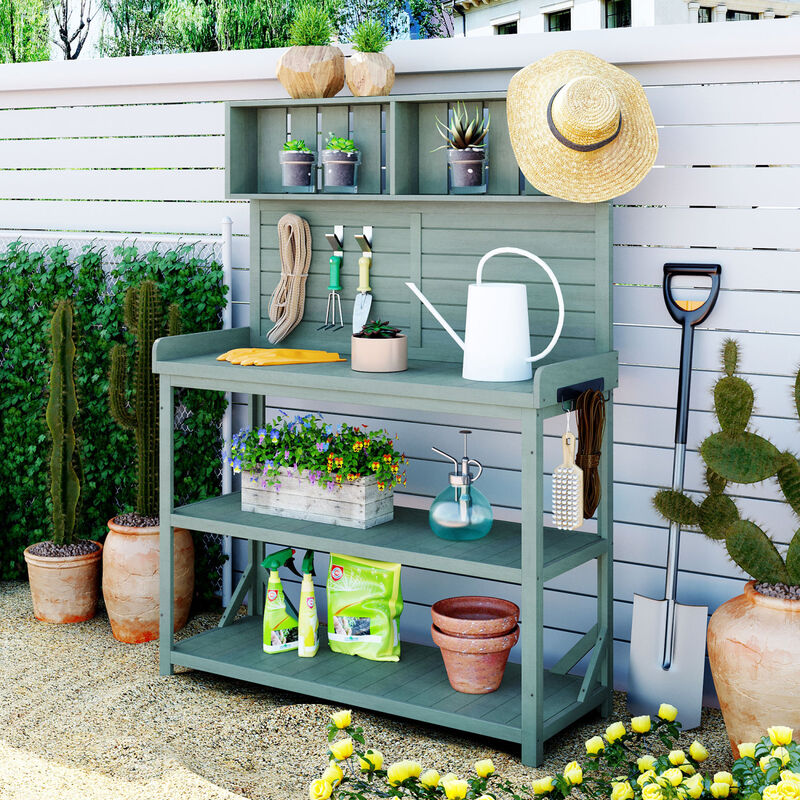 65" Large Wooden Farmhouse Rustic Outdoor Potting Bench Table, Patio Workstation, Garden Potting Bench with 4 Storage Shelves and Side Hook