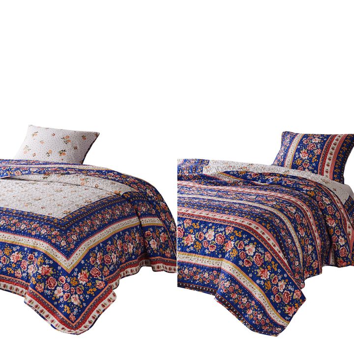 Loir 2 Piece Twin Quilt Set with Floral Print, Multicolor-Benzara