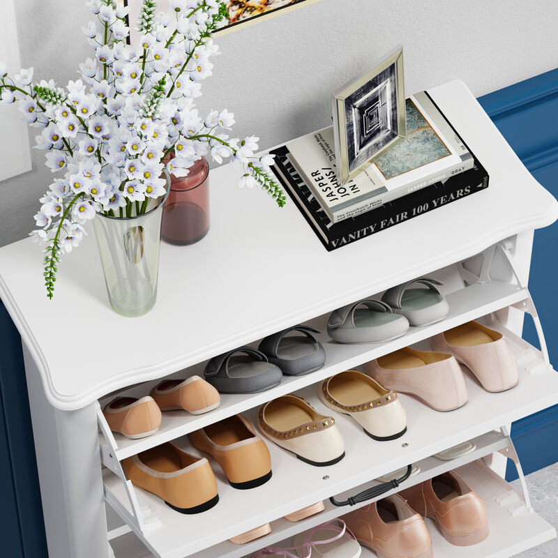 FUFU&GAGA 44" H 3-Tier White MDF Shoe Cabinet with Flip Drawers, Holds 12 Pairs ,(28.2" W x 10.4" D x 44" H),White