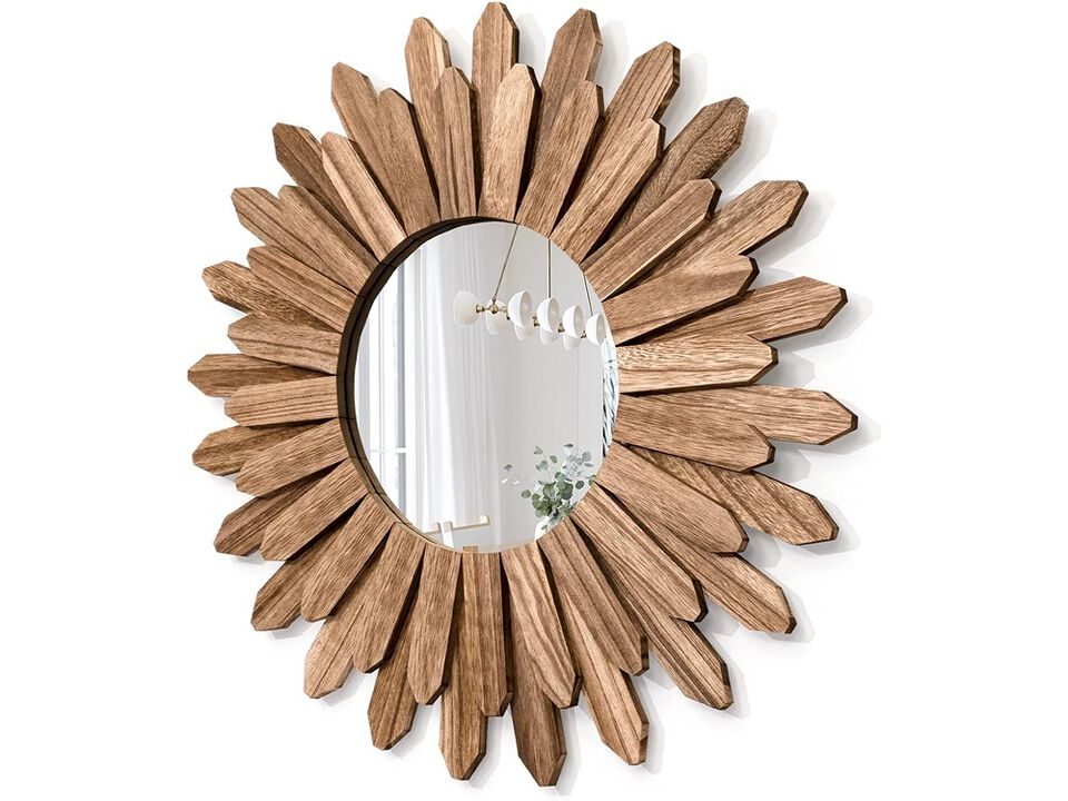 Honiway Mirror Wall Decor 21 inch Rustic Wood Boho Aesthetic Mirror