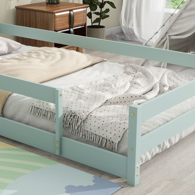 Twin Size Wood Bed With House-Shaped Headboard Floor Bed With Fences, Light Green