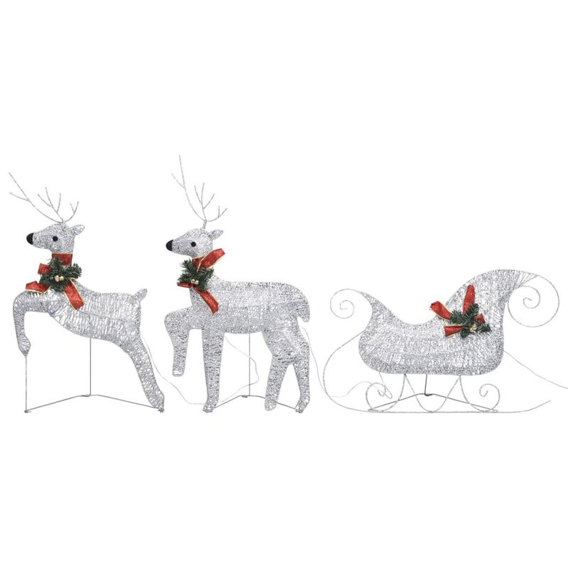 7pc Outdoor 140 LED Light Christmas Reindeer and Sleigh, Silver - Benzara