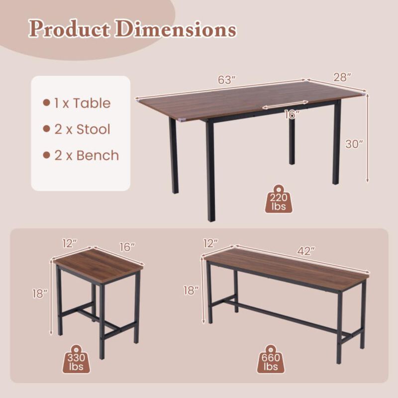 Hivvago 5 Piece Dining Table Set for 4-6 with 2 Benches & 2 Stools for Kitchen Dining Room