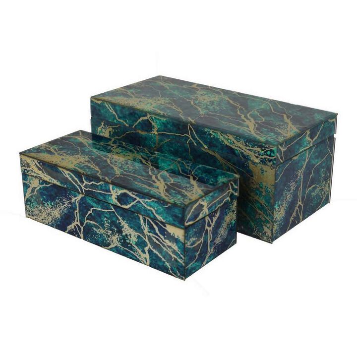 Dory Decorative Box Set of 2, Green Blue Faux Marble Accent Glass - Benzara