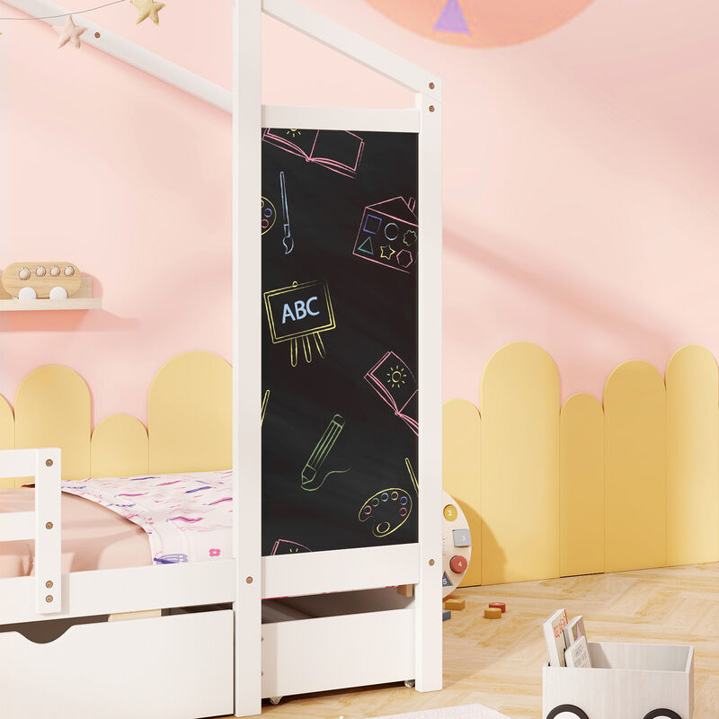 Kids Bed with 2 Drawers Solid Wood Bed with Blackboard