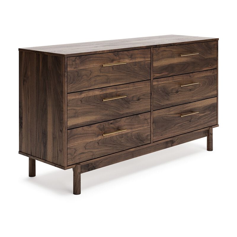 Kip 59 Inch Modern Dresser, Brown Wood Frame, 6 Drawers, Gold Metal Handles - Benzara