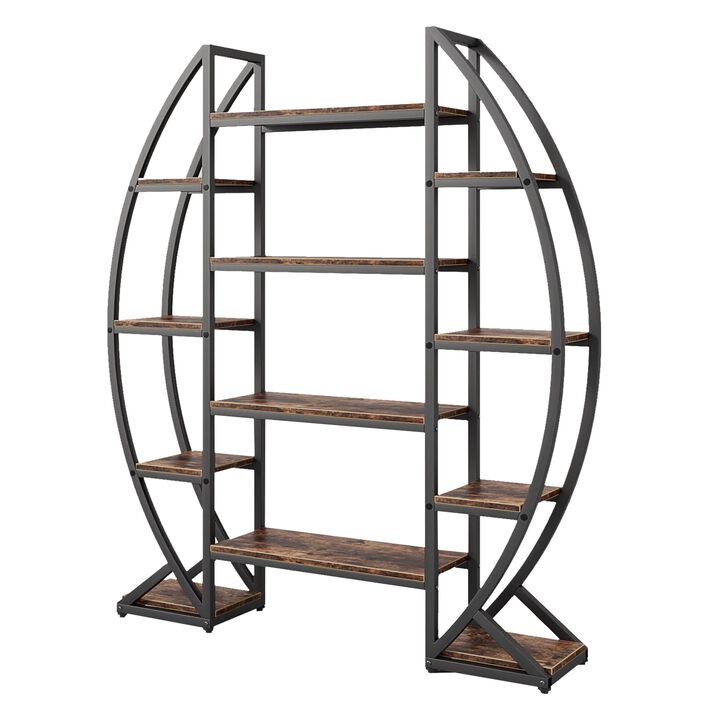 Oval Bookshelf, 12 Brown Wood Shelves, 5 Tier Black Frame, 69 Inch - Benzara