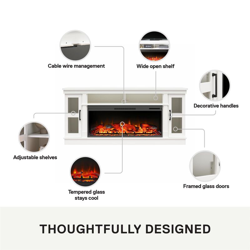 Elmcroft Wide TV Console with Electric Fireplace Insert for 75" TVs, White