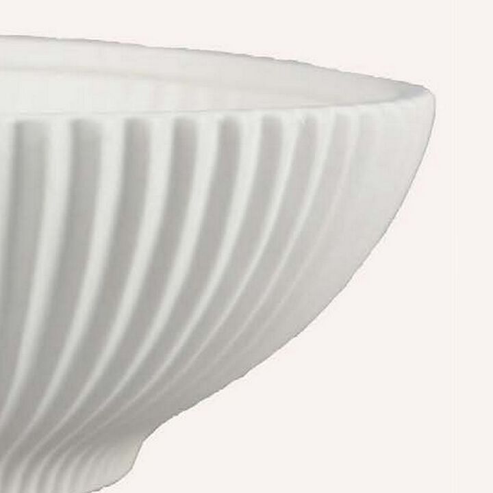 Zinia Decorative Bowl, Glossy White Ceramic Fluted Texture, 13 Inch - Benzara