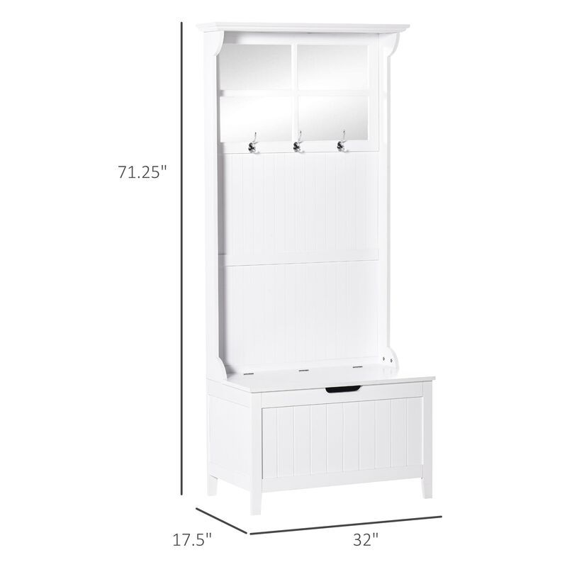 White Entryway Solution: 4-in-1 Coat Rack Shoe Bench with Mirror