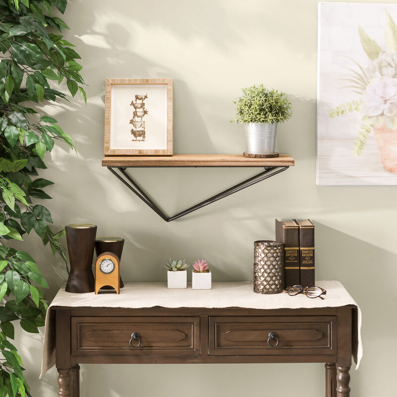 Rustic Wall Mount Pine Wood Floating Display Shelf with Diamond-Shaped Asymmetrical Iron Bracket