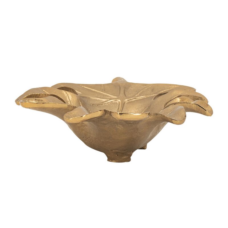 19 Inch Decorative Plate Tray, Oak Leaf Design, Gold Finished Aluminum - Benzara