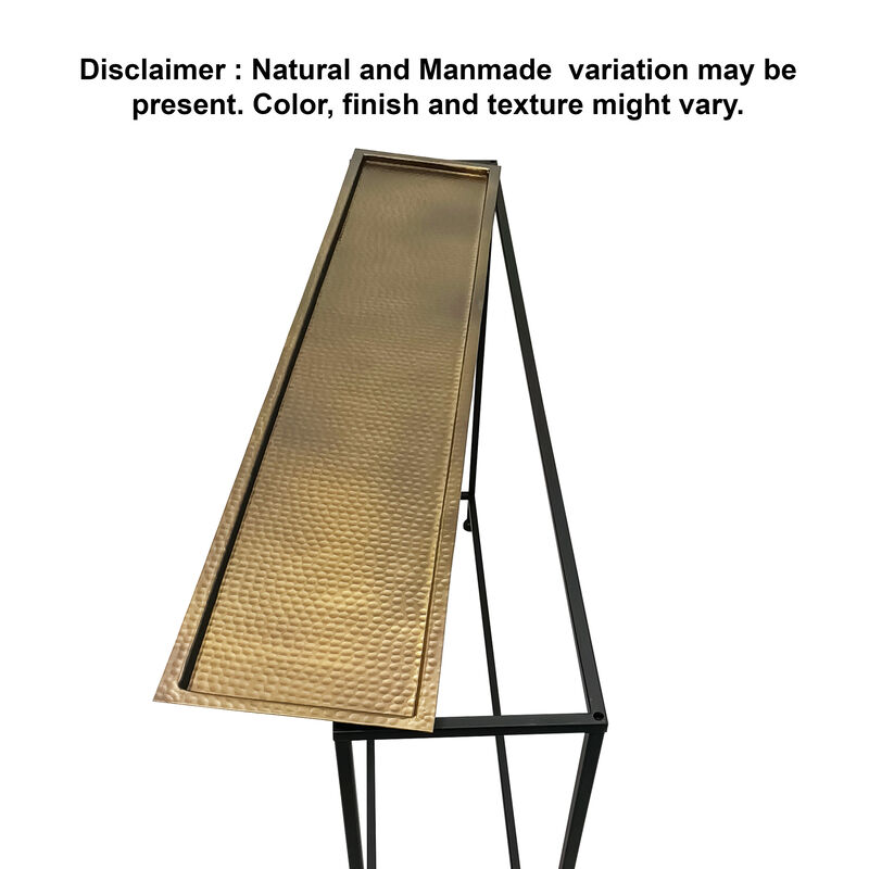 Aurelia 48 Inch Console Sofa Table, Artisanal Hammered Antique Bronze Tray Top, Industrial Black Iron Frame-Benzara