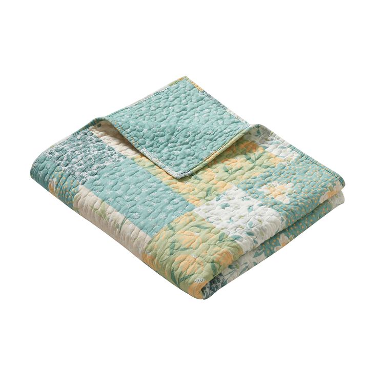 Evane Quilted Throw Blanket with Floral Design, Mist Blue and White Cotton