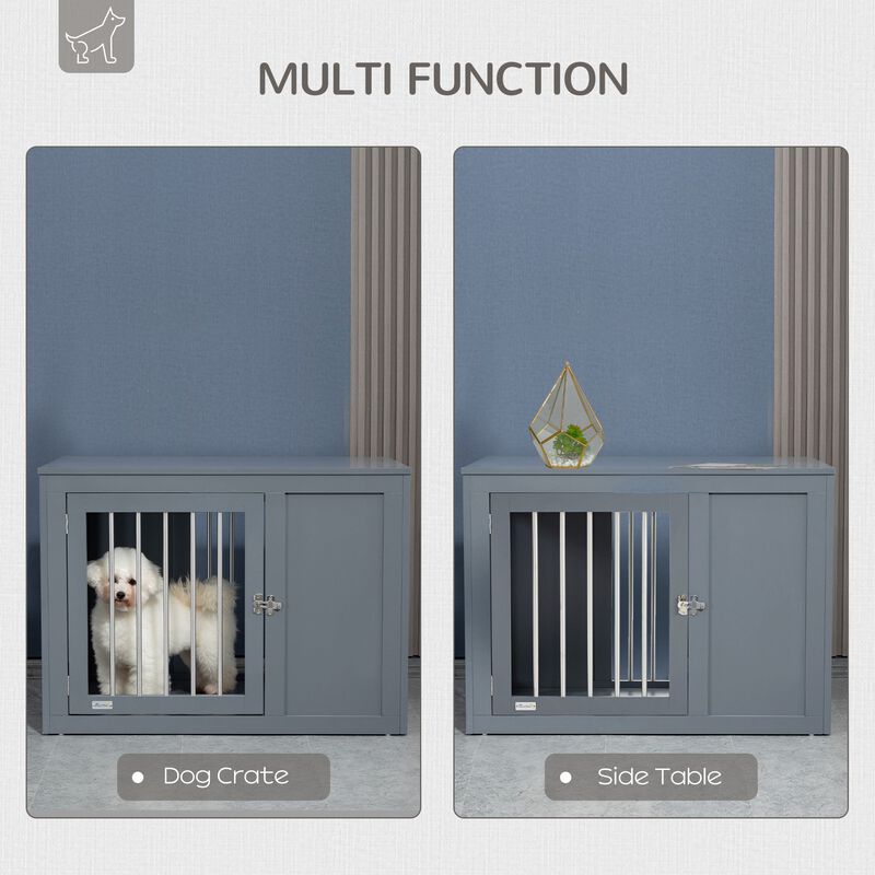 Gray Pet Furniture: Indoor Dog Crate End Table with Double Doors