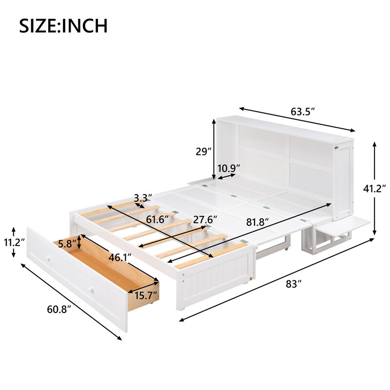 Queen Size Mobile Murphy Bed With Drawer And Little Shelves On Each Side