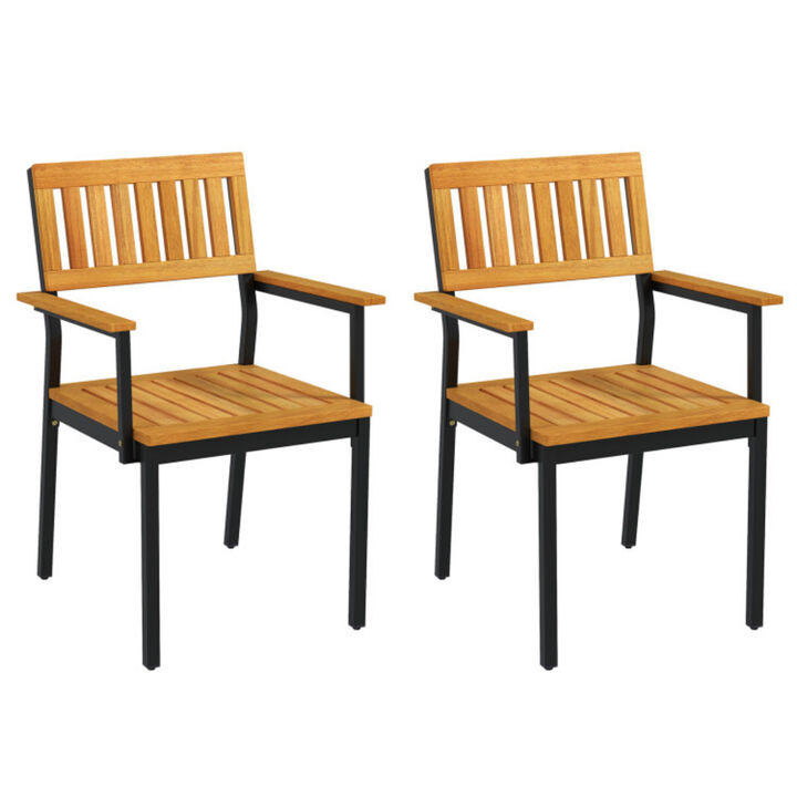 Patio Outdoor Dining Chair Set of 2 with Metal and Acacia Wood Frame