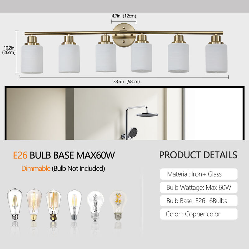 8-Light Golden Bathroom Vanity Light Fixture, Frosted Glass Shades, Modern Wall Mounted Lighting (No Bulbs)