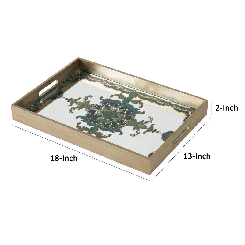 Miki 18 Inch Decorative Tray, Artistic Mirrored Damask Pattern, Gold Finish-Benzara
