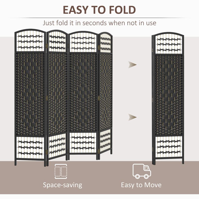 Black Room Separator: 4-Panel Folding Wave Privacy Screen