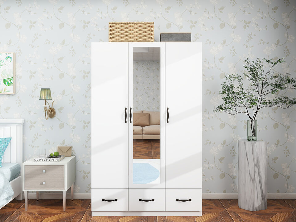 White Armoire Wardrobe Closet with 3 Doors Wooden Bedroom Armoires Clothes, Wood Wardrobe Closets Storage Cabinet with Hanging Rod Shelves Drawers Closets