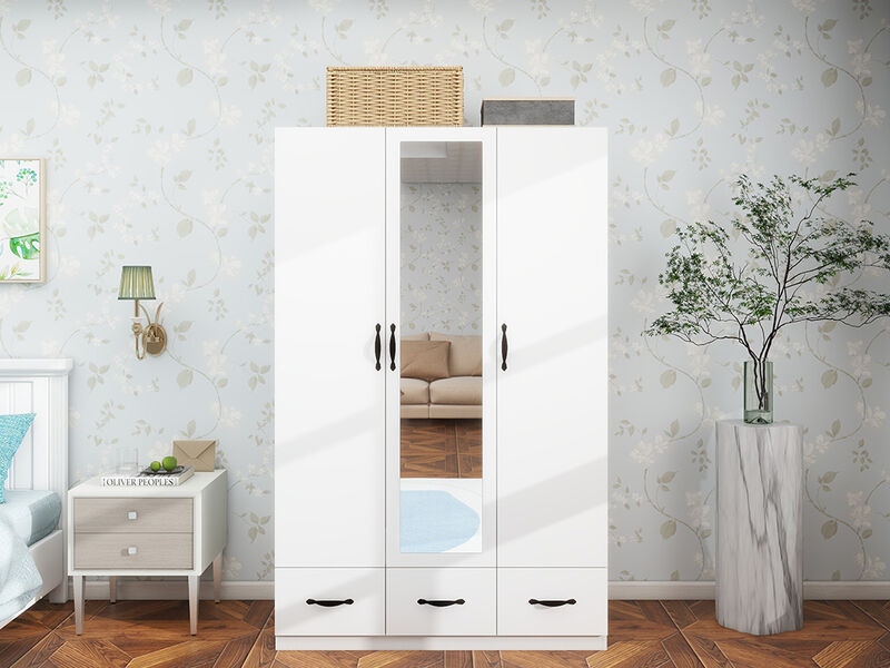 White Armoire Wardrobe Closet with 3 Doors Wooden Bedroom Armoires Clothes, Wood Wardrobe Closets Storage Cabinet with Hanging Rod Shelves Drawers Closets