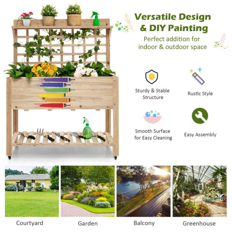 Hivvago Wooden Raised Garden Bed with Wheels Trellis and Storage Shelf