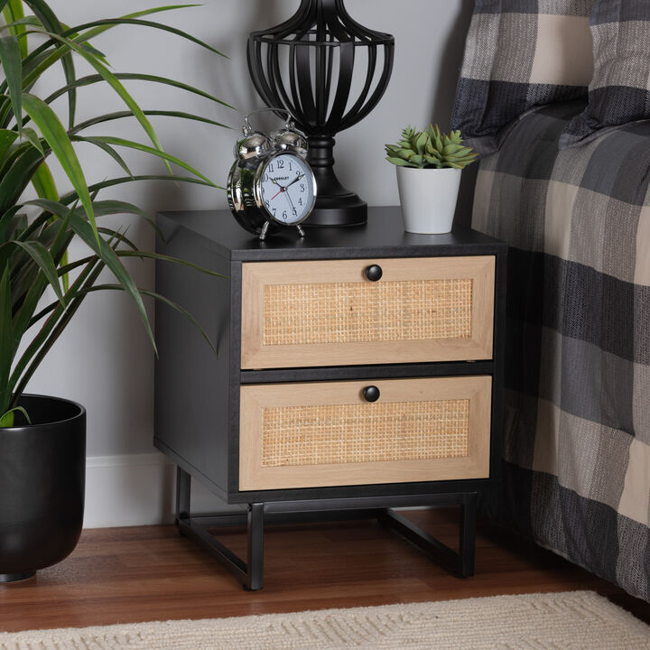 Baxton Studio Declan  Espresso Brown Finished Wood and Natural Rattan 2 Drawer End Table