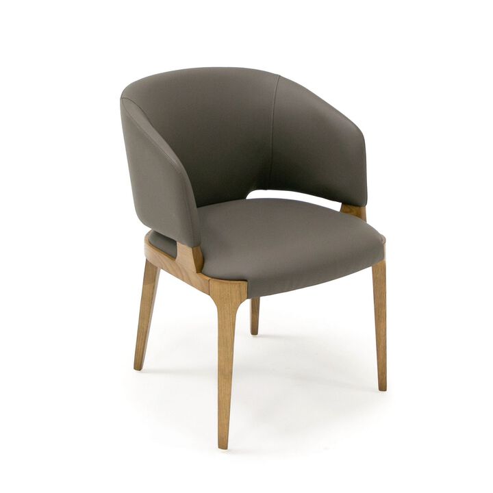 22 Inch Dining Chair, Gray Vegan Faux Leather, Curved Back, Solid Wood-Benzara
