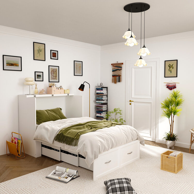 FUFU&GAGA Modern Convertible Bed with Storage Drawers and Upholstered Backrest (76.8" L x 44.4" W x 41.3" H), White