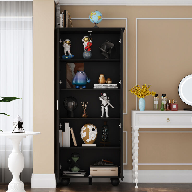 31.5 in. W, Black Wooden 2-Door Standard Bookcase, Storage Cabinet with 5 Shelves Storage and Tempered Glass Doors