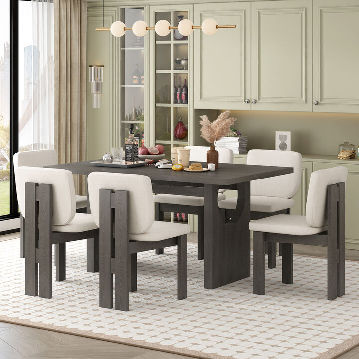 7-Piece Retro Dining Table Set for 6, 60" Wood Dining Table Set for 6 with Upholstered Chairs and Designed Trestle Base for kitchen & Dining Room (Grey)