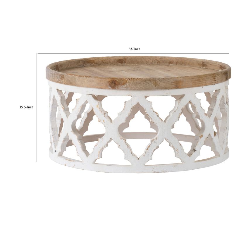 Ode 32 Inch Coffee Table, Round, Quatrefoil Lattice Design, Brown, White - Benzara
