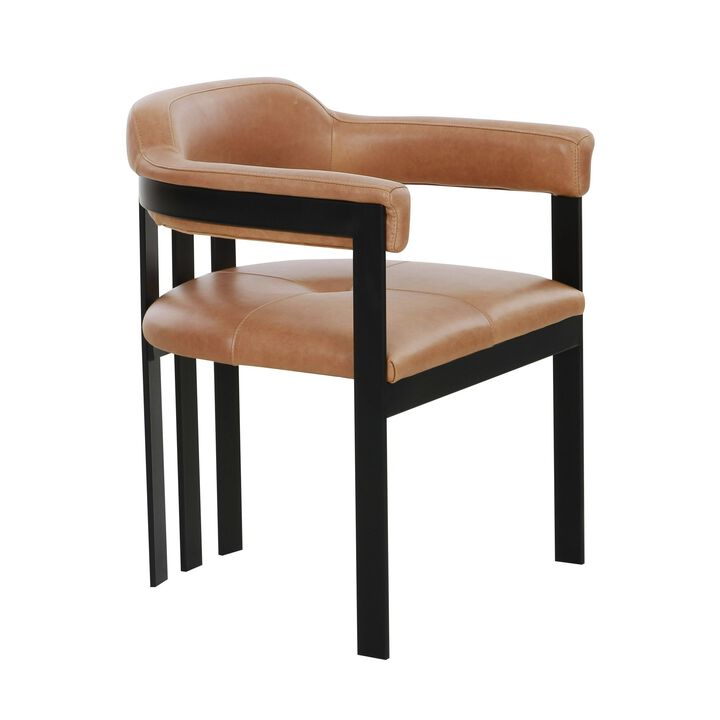 Anta Dining Chair, Black Iron Slatted Back, Plush Brown Genuine Leather - Benzara