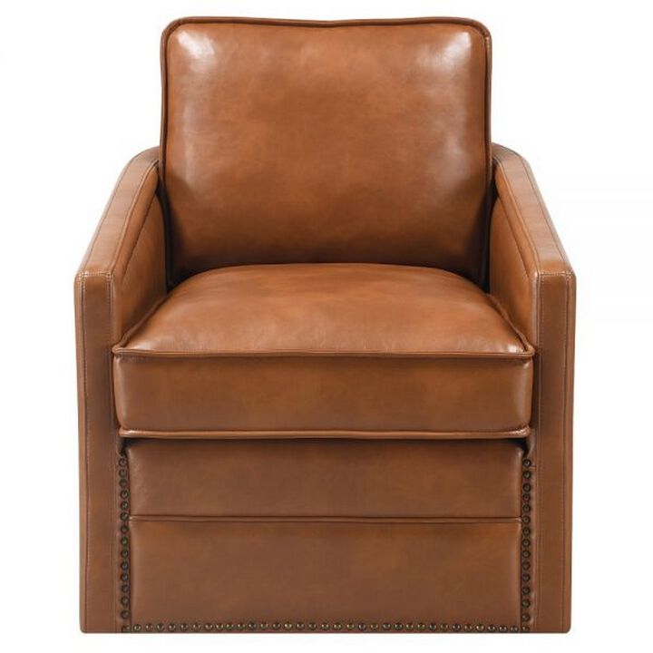 Roco 34 Inch Accent Chair with Swivel, Faux Leather Upholstery, Brown  - Benzara