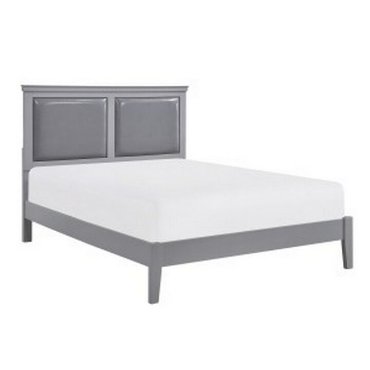 Brite Queen Size Bed, Gray Faux Leather Upholstered Headboard, Low Profile - Benzara