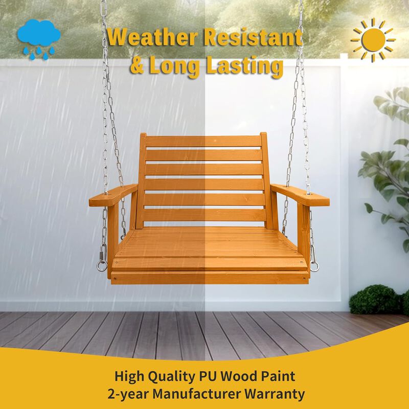 Solid Wood Porch Single Swing, Ergonomic Seat, Bench Swing with Hanging Chains and 7mm Springs, Heavy Duty 600 LBS, for Outdoor Patio Garden Yard ( 1-Seater)