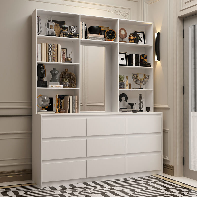 FUFU&GAGA White Bookcase with Adjustable Shelves and Drawers, (63" W x 15.7" D x 78.5" H),White