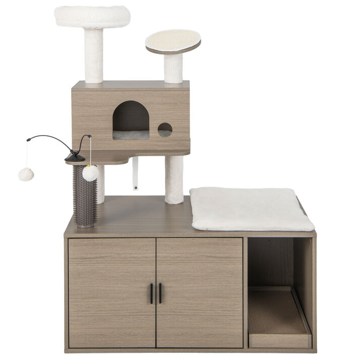 2-in-1 Modern Cat Tower with Litter Box Enclosure for Indoor Cars-Grey