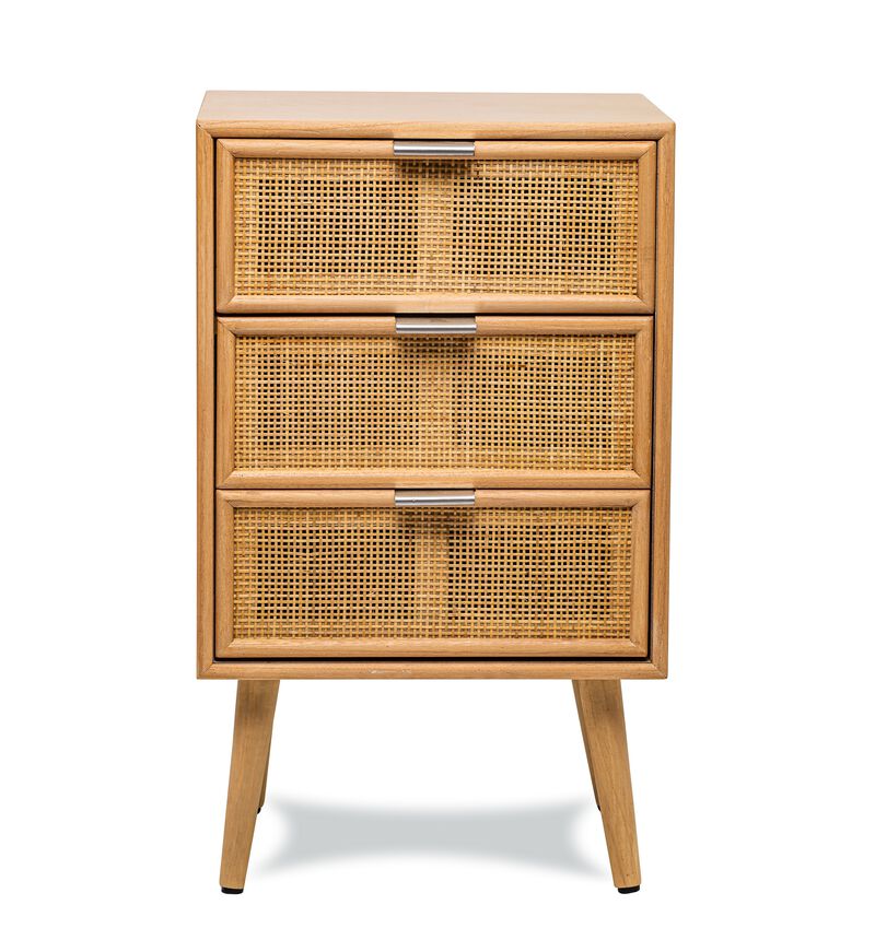 Scandinavian Wooden Commode Chiffonier with 3 Drawers and Rattan Caning