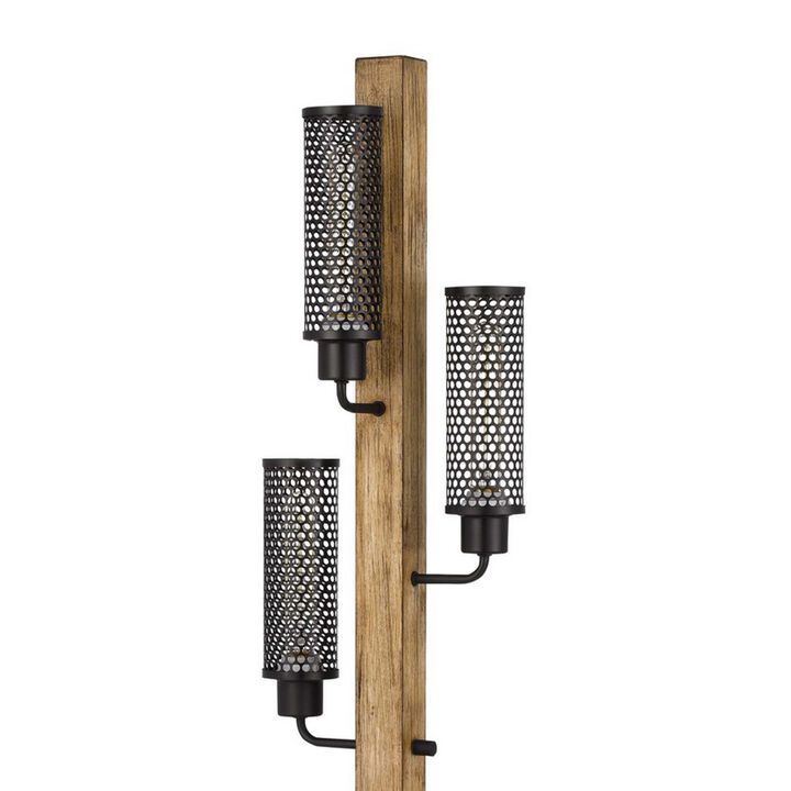 Wooden Floor Lamp with 3 Metal Mesh Shades, Brown and Black-Benzara