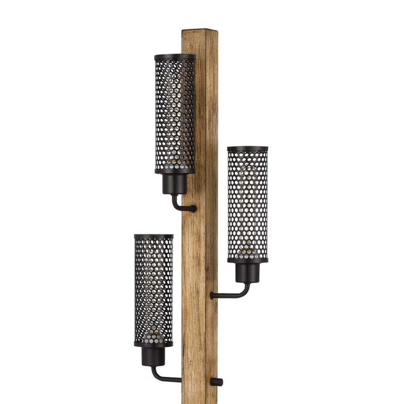 Wooden Floor Lamp with 3 Metal Mesh Shades, Brown and Black-Benzara