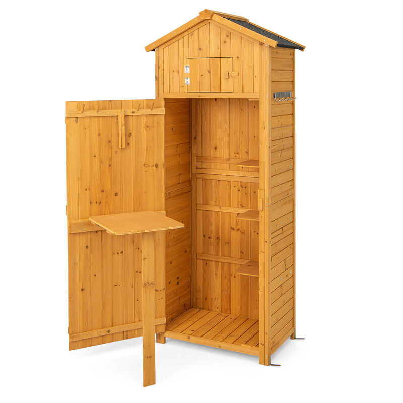 71 Inch Tall Garden Tool Storage Cabinet with Lockable Doors and Foldable Table-Natural